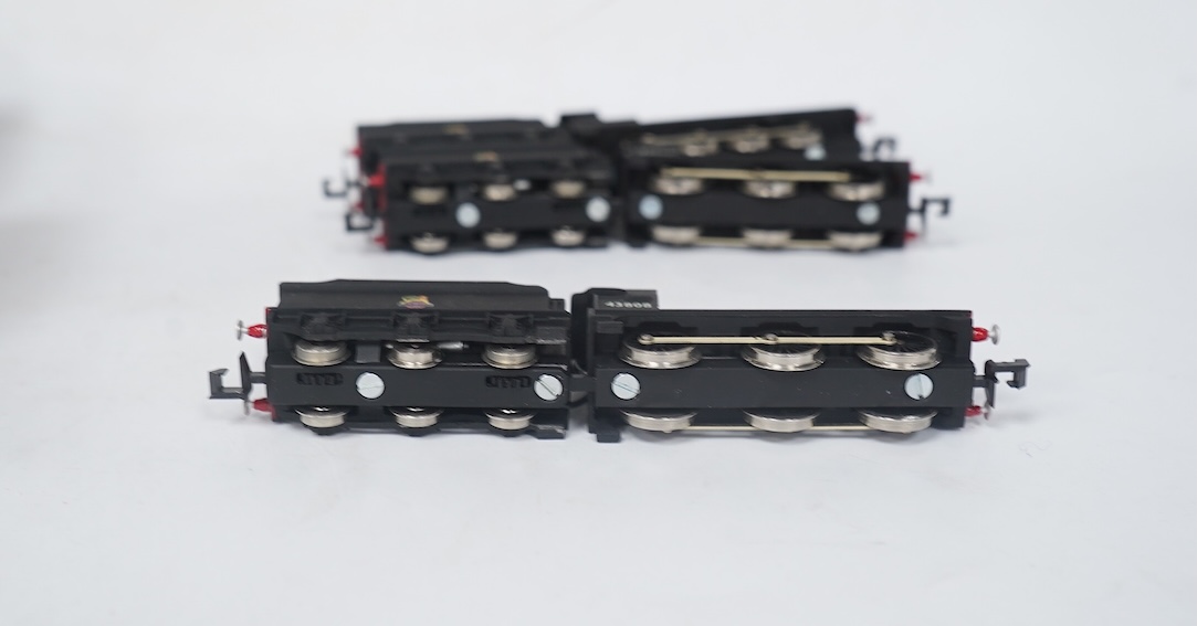 Three boxed Union Mills Models N gauge railway BR locomotives; a Class 3F, 43808, a Class 3F, 43808, and a Class G2, 49078. Condition - good.
